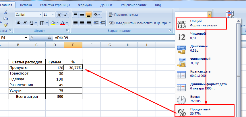 Как поставить проценты в диаграмме excel