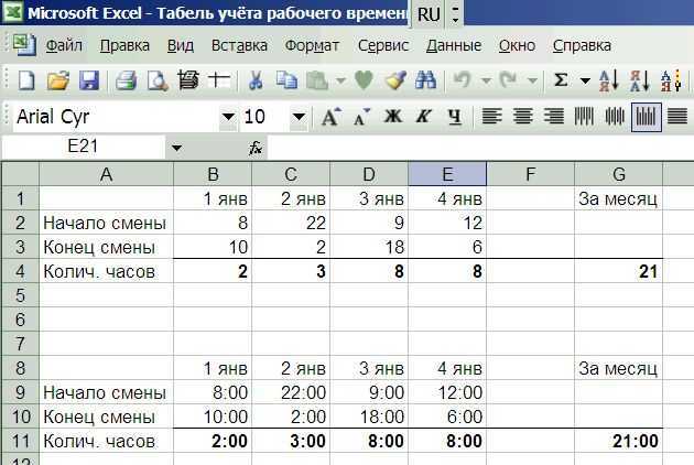 Формула расчета рабочего времени в excel