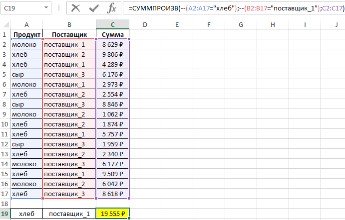 Функция суммпроизв в excel