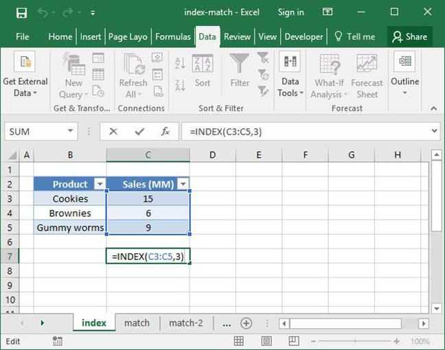 The excel index function