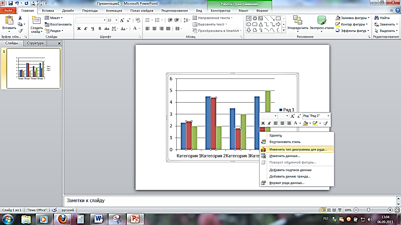 Как вставить диаграмму в презентацию. Типы диаграмм POWERPOINT 2010. Контекстное меню – параметры диаграммы. Диаграммы в POWERPOINT. Для изменения типа диаграммы.