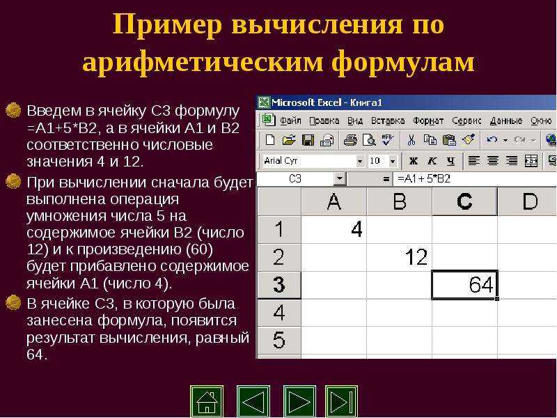 Содержимым ячейки электронных таблиц. Пример вычисления по арифметическим формулам. Пример расчета формул. Арифметические вычисления примеры. Пример вычисления по арифметическим формулам в excel.